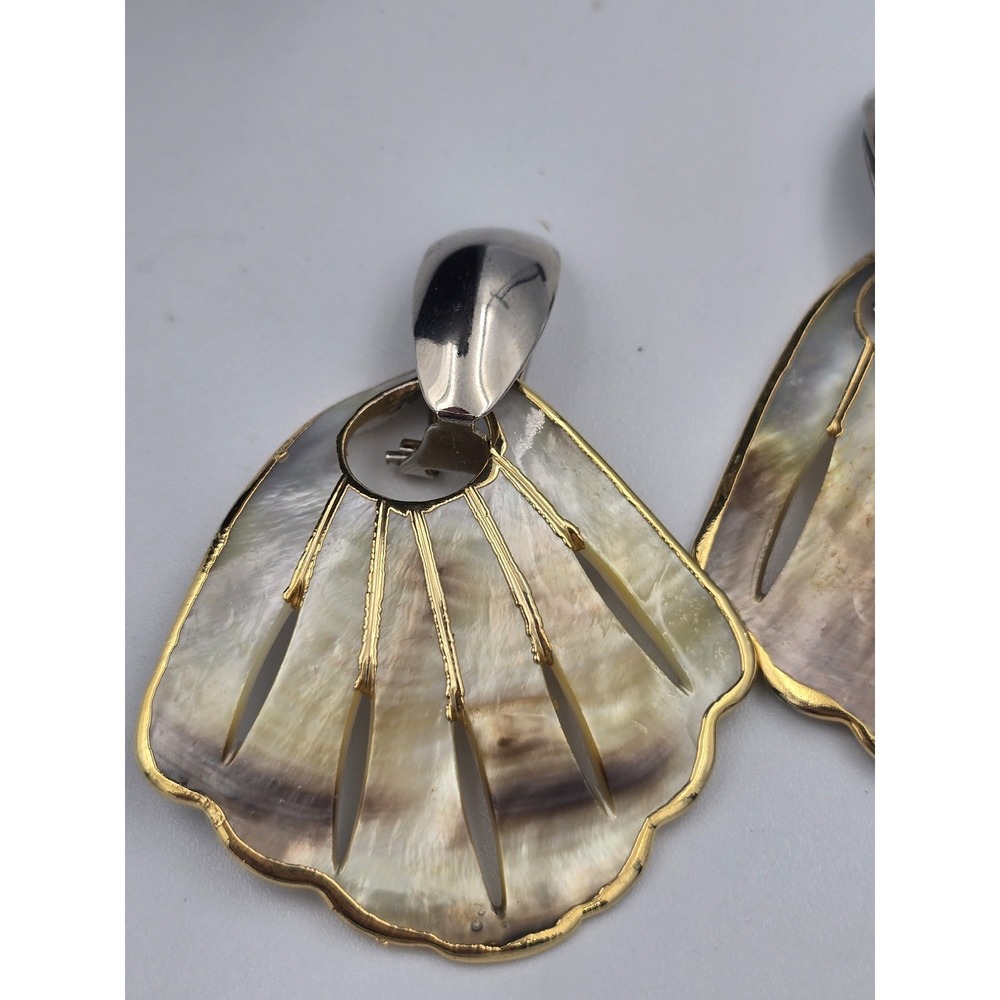Elegant Mother of Pearl Fan Dangle Clip-On Earrings Gold &‎ Silver Tone Fashion - Picture 5 of 9